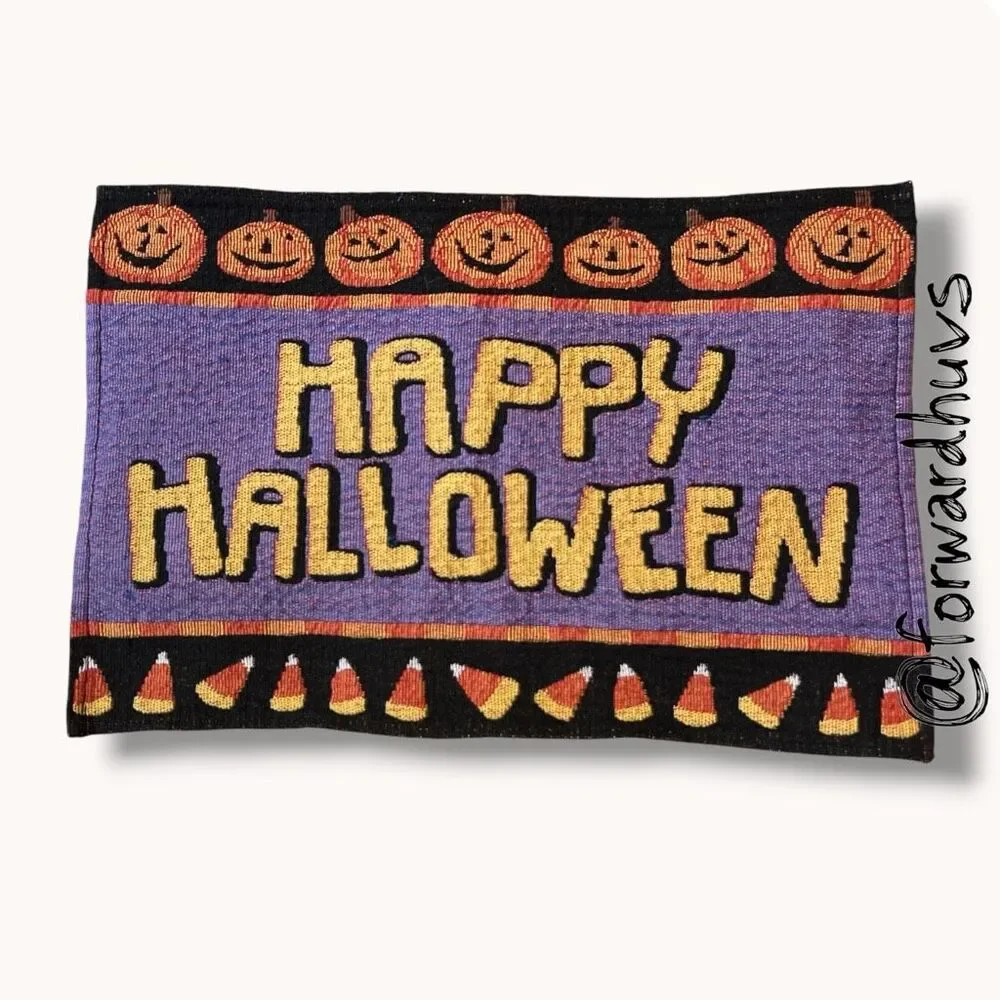 Happy Halloween Woven Tapestry Placemats Set of 2 Jack O Lantern Candy Corn